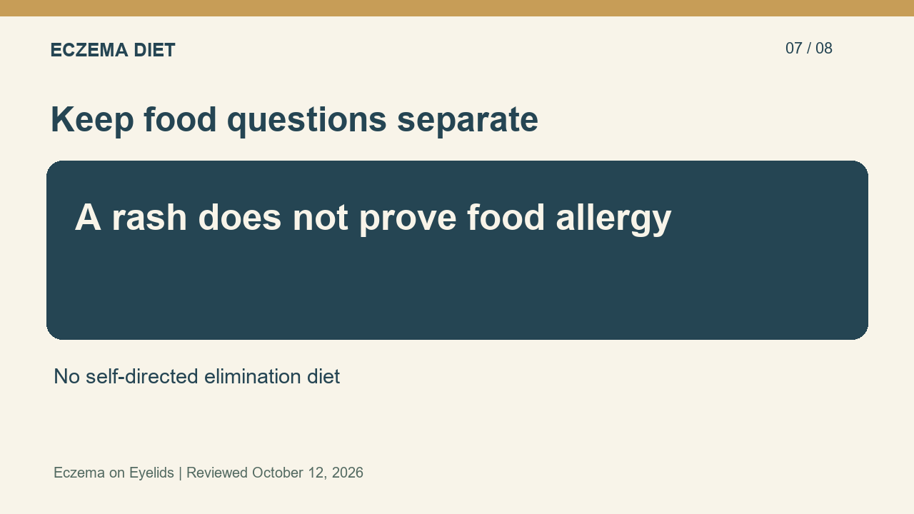 A rash does not prove food allergy; No self-directed elimination diet